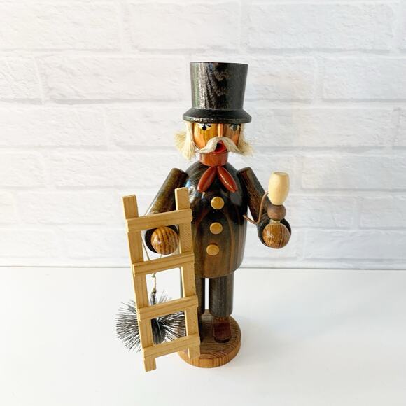 Vintage Erzgebirge Chimney Sweeper Wood Carved Smoker Ladder Brush Figure 8" - Picture 1 of 7
